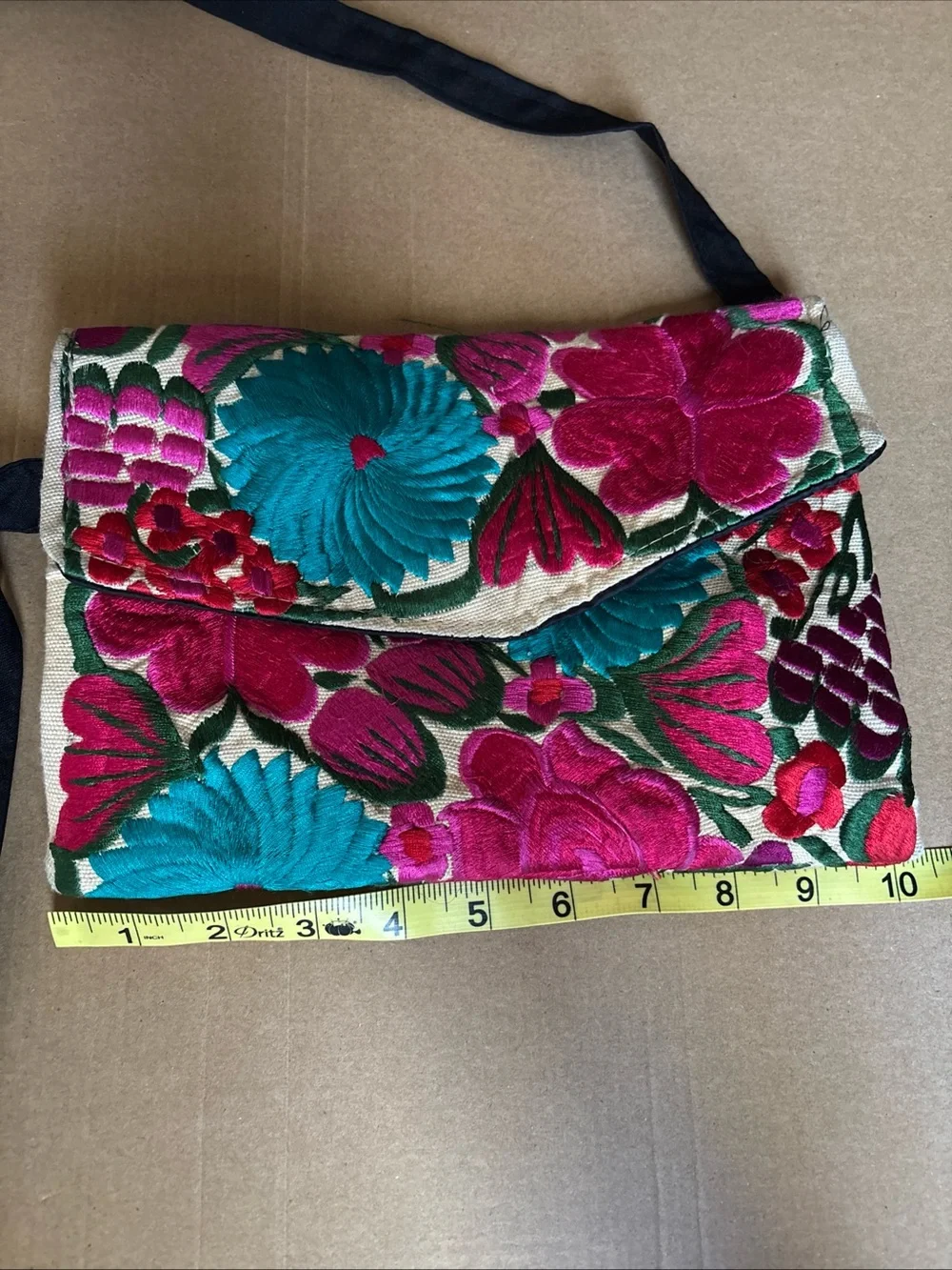 Mexican Boho Embroidered Floral Crossbody Bag in Pink & Teal w defects vintage - Picture 8 of 16